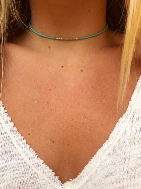 Turquoise Beaded Choker with Gold by BareBeadsCo on Etsy Beaded Chocker Ideas, Beaded Chocker, Dream Wishlist, Bracelet Inspo, Beads Ideas, Wooden Bead Necklaces, Turquoise And Gold, Bead Necklaces, Beaded Jewellery