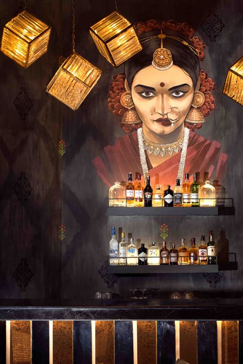 A new restaurant in Kolkata lets you step into the city’s regal past | Architectural Digest India Painted Window Panes, Chevron Pattern Floor, Colonial Facade, Indian Cafe, Indian Theme, Furniture Design Sketches, Pub Design, Retro Cafe, Luxury Restaurant