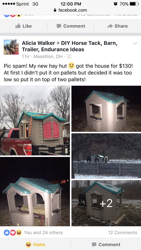 Mini hay hut idea! Find second hand children's play house! This is a Step 2 Playhouse she got for $130. Retails for $600 Step 2 Playhouse, Hay Hut, Hay Feeder, Farm Ideas, Horse Diy, Kids Playhouse, Play House, Horse Tack, Kids Playing