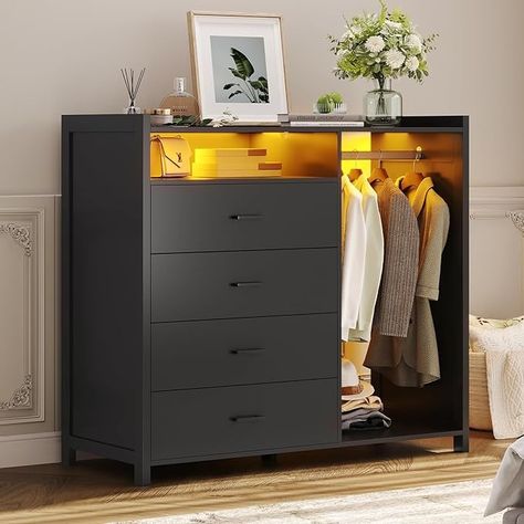 Amazon.com: VIAGDO Dresser for Bedroom with Clothes Rail, Chest of 4 Drawers with LED Lights, Modern Black Dresser with Open Storage Space for Bedroom Entryway, Large Capacity : Home & Kitchen Chester Drawers Bedrooms, Modern Black Dresser, Black Chest Of Drawers, Chest Of Drawers Design, Black Dresser, Black Dressers, Modern Storage Cabinet, Wide Dresser, Dresser For Bedroom