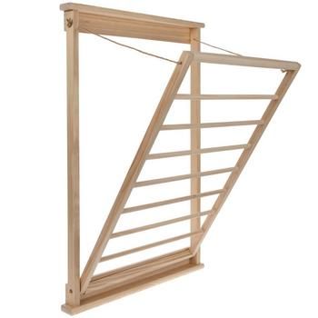 Open Dimensions:  34.13" H x 23.56" W x 20" D Folded Dimensions: 34.13" H x 23.56" W x 2.06" D Distance Between Rods: 4.5" Material: Pine Wood & Jute Color: Natural Includes: 2 - Key Hold Mounts Quantity: 1 Simplify laundry day with this Pine Clothes Drying Rack! This drying rack features a minimalist design with a collapsible body made of pine wood rods and jute rope along the top. Extend the life of your delicate clothes or linen by lining them along the rack for even drying. Collapse the dryi Greenhouse Clothes Drying, Small Loundroom Ideas, Dog Clothes Rack, Laundry Room Shelving Ideas Small Spaces, Laundry Room Diy Ideas, Laundry Hanging Ideas, Laundry Hanging Ideas Drying Racks, Pull Down Drying Rack, Laundry Drying Rack Ideas