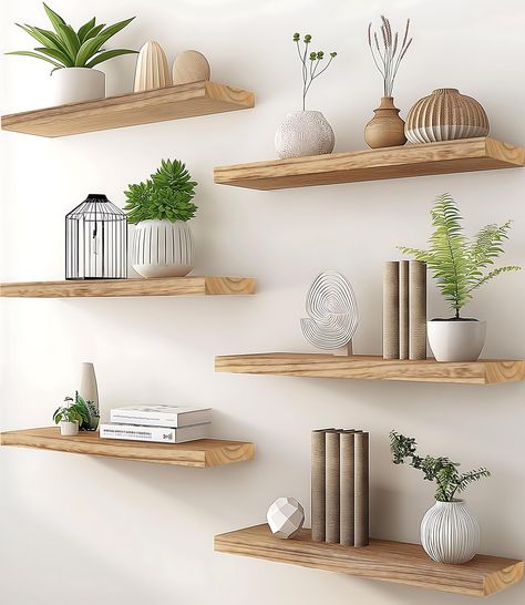 PRICES MAY VARY. Real Wood Floating Shelves: Crafted from solid wood for a durable and sturdy design. PHPH wood floating shelves with natural wood grain give a rustic feel to any space. Modern Rustic floating shelves: PHPH modern rustic floating shelves provide a industrial look that will blend well with modern and farmhouse wall decor alike. You are sure to make a welcome addition and a warm touch to your bathroom, kitchen, bedroom, or living room. Display Decor Floating Shelves: The rustic flo Study Office Decor, Corner Shelves Built In, Brown Shelves Decor, Aesthetic Floating Shelves Bedroom, Wall Shelves For Bedroom, Shelves For Bedroom Wall, Light Wood Room Decor, Shiplap Wall Shelves, Natural Wood Shelving