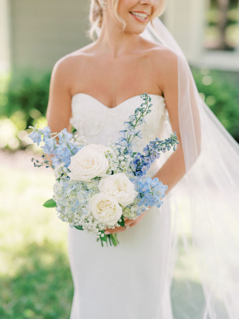 Blue and white wedding flowers bridal bouquet Spring Wedding Florals Blue, Dusty Blue Flowers Bouquet Bridesmaid, Pale Blue Wedding Bouquet, Light Blue Bride Bouquet, Blue Delphinium Wedding Bouquet, Light Blue Wedding Theme Flowers, Timeless Bride Bouquet, Flowers For A Blue Wedding, Blue Poppy Wedding Bouquet