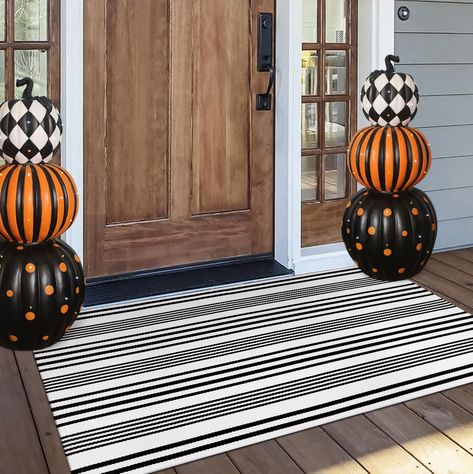 PRICES MAY VARY. Perfect Size: OJIA front door mats outdoor features the 51.18" x 23.62" ideal size, perfect to fit a common outdoor door mat for a double-layer effect, adding a different brilliance to your porch! Easy Care Washable Rugs: OJIA Black and white outdoor rug is easy to care for and can be machine washed. Machine wash in a gentle cycle and air dry. Gently pat or use a simple vacuum to quickly blow away dirt. Indoor/Outdoor Rugs: Resistant to outdoor elements and can keep its vibrant Fall Door Mats, Fall House Decorations, Black And White Outdoor Rug, Stoop Decor, Outdoor Entryway Decor, Small Front Porch Decor, Front Porch Rug, Door Mats Outdoor, Striped Rugs