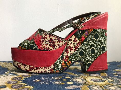 1970s Shoes Women, 70s Platform Shoes, Patchwork Shoes, 1970s Shoes, 70s Shoes, Random Vintage, Studded Shirt, Womens Espadrilles Wedges, Women's Espadrilles