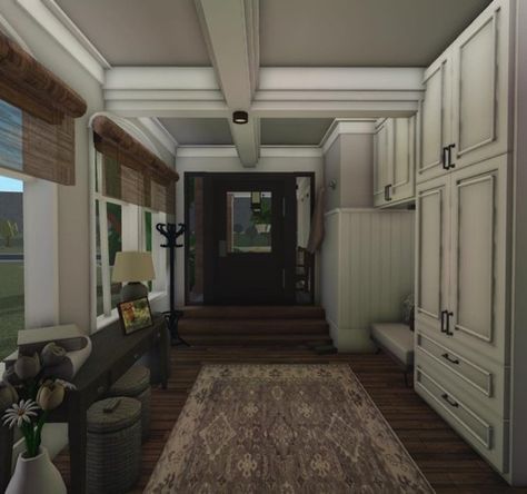 Realistic House Interior Bloxburg, Hallway Idea Bloxburg, Bloxburg Entryway Ideas Aesthetic, Bloxburg Hallways Ideas, Hallway Bloxburg Ideas, Mud Room Bloxburg, Hallway Bloxburg, Bloxburg Rustic House, Bloxburg Windows