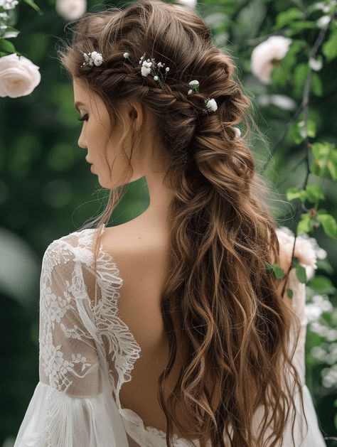 48 Marvelous Long Hair Wedding Hairstyles for Brides in Spring 2024 Bride Hairstyles Half Up Half Down With Flowers, Ethereal Bride Hair, Forest Wedding Hairstyles, Bride Hairstyles Long Hair, Forest Wedding Hair, Fairy Wedding Hair, Bride Long Hairstyles, Bride Long Hair, Whimsical Wedding Hair