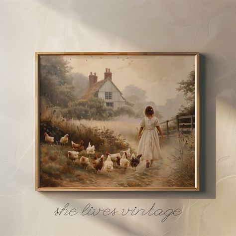 "Enhance your home decor with our captivating digital printable painting, perfect for lovers of farmhouse charm and rustic vintage landscapes. This serene artwork features a little girl and her chickens. Rendered in a soothing palette of white and brown, this neutral-toned masterpiece exudes timeless elegance, making it an ideal addition to any space. Included Files: * Each pur...#InteriorInspo #HomeStyle #Kitchens #of #Charm #Decor #HomeIdeas #Vintage #Outdoor #Timeless #the #Exploring #Home French Country Floral Wall Art, Mixing Vintage And Modern Art, Kitchen Art Vintage, Vintage Farm Art, Deb And Danielle Decor, Vintage Paintings Aesthetic, Colonial Artwork, Vintage Chicken Art, White Brown Home Decor