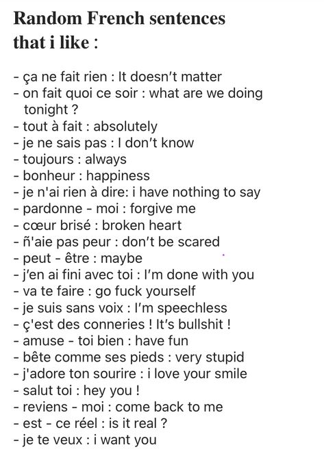 French Basic Phrases, Aesthetic French Phrases, Sweet French Words, French To English Quotes, French Slang Phrases, French Journal Aesthetic, French Lessons Aesthetic, Cute French Phrases, French Language Learning Aesthetic