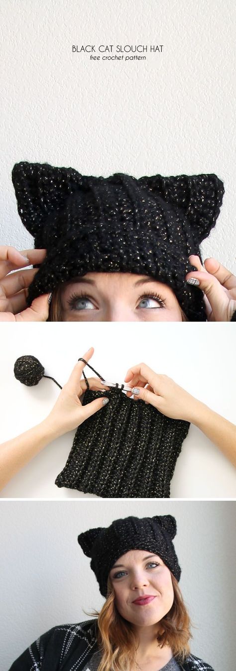 black cat hat - free crochet pattern from www.persialou.com Cat Hat Pattern, Crochet Cat Hat, Crochet Mignon, Confection Au Crochet, Bonnet Crochet, Patterns Ideas, Cat Hat, Crochet Cat, Crochet Hat Pattern