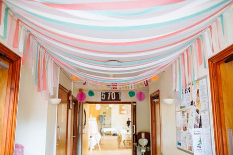 Hanging Ceiling Decor, Quirky Diy, Origami Garland, Simple Jewerly, Streamer Decorations, Crepe Streamers, Village Hall Wedding, Wedding Whimsical, Diy Ceiling