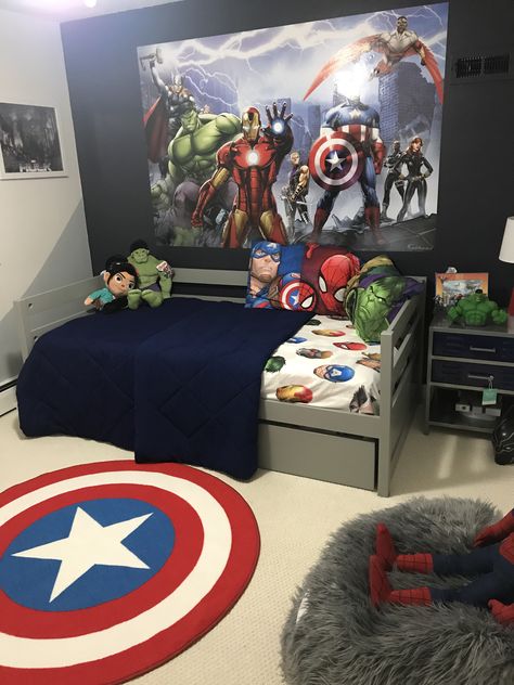 Toddler Big Boy Room Marvel, Superhero Themed Bedroom, Toddler Marvel Bedroom, Boys Marvel Room, Avengers Room Ideas Boy Bedrooms, Marvel Room Ideas Boy Bedrooms, Avenger Bedroom Ideas, Marvel Bedroom Ideas Boy Rooms, Boys Marvel Bedroom