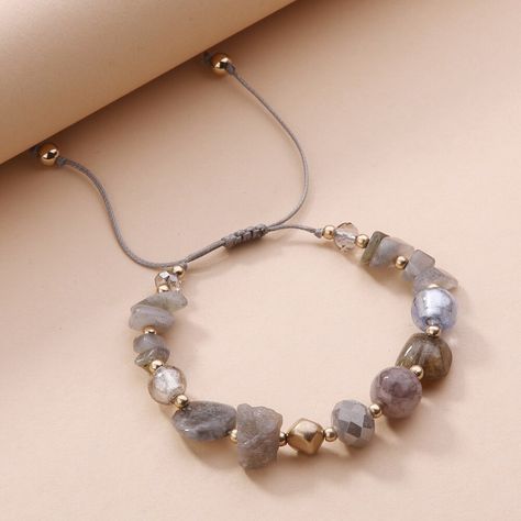 Grey Labradorite Rock Natural Stone Strand Beaded Bracelet Kalung Manik-manik, Diy Beaded Rings, Stone Bead Jewelry, Gelang Manik-manik, Friendship Bracelets Designs, Pola Gelang, Common Thread, Gelang Manik, Beaded Necklace Diy