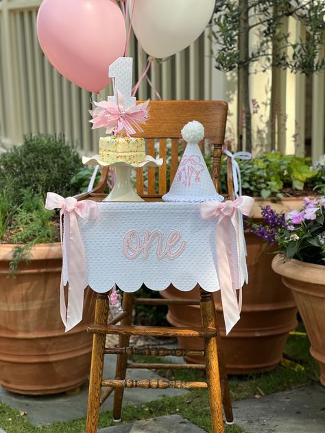 These are a show stopper! We have in Pink and Blue Gingham - Pink and Blue Dot - Pink and Blue Swiss Dot. There is the original with a cursive number or Initials and a custom with your choice of design. First Birthday Personalized Decor, Pink Gingham Tablescape, First Birthday Vintage Theme, One Golden Year Birthday Party, Pink Gingham First Birthday, Grandmillenial First Birthday, French First Birthday, Beaufort Bonnet Birthday Party, 1st Birthday Tea Party Theme