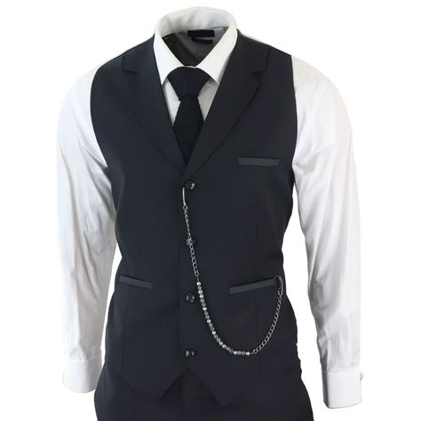 * Classic and Elegant Design: This men's 3-piece suit features a timeless black color with contrasting pocket trims and a sophisticated textured pattern fabric, making it perfect for formal occasions. * Versatile Formal Attire: Whether it's a wedding, business event, or special occasion, this suit is a versatile choice that ensures you look sharp and well-dressed. * Complete 3-Piece Set: The suit includes a jacket, vest, trousers and pocket chain, providing a complete outfit for a polished and c Classic Dress For Men, Suit Chain Mens, Black Suit Vest Men, Formal Wear For Men’s, Suit With Vest Men, Suits Design Men, Elegant Outfits For Men, Wedding Costume Men, Men Designer Outfits