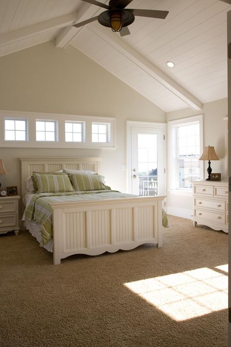 Love the Vaulted paneled ceiling & the window placement. So sick of having windows hidden by headboard! Craftsman Bedroom Decor, Window Above Bed, Vaulted Ceiling Bedroom, Bedroom Addition, Desain Pantry, Bedroom Remodel, Bedroom Window, Master Decor, Home Addition