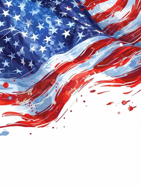 American flag in watercolor, waving right, paint splatter design. American Flag Mural, Flag Background Wallpapers, Watercolor American Flag, American Flag Painting, American Flag Waving, American Flag Wallpaper, Waving Flag, Flag Painting, American Flag Background