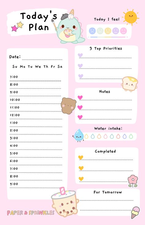 Size: 5.5" x 8.5" Paper: 70 Ib. Opaque Smooth White Page: 50 Color: Full Design and Color Front Only My Planner focuses on 3 main points:1.) Make it short and simple so that it's small and achievable2.) Breaks down your to do list to 3 time sensitive task, than just one big too do list3.) Focuses on effectiveness and efficiency, not just productivity Daily Planners Aesthetic, Daily Planner Pages Templates, Kawaii Weekly Planner Template, List To Do Planner Cute, Sanrio Daily Planner, Cute Planner Pages, To Do List Cute Kawaii, Cute To Do List Ideas, Stuff To Print Out