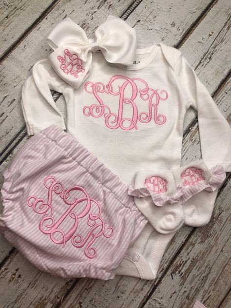 Newborn Baby Girl Monogrammed Bodysuit with Matching Monogrammed Hair bow, Monogrammed hat and or and monogrammed diaper cover. **Each item is optional-See package options in the drop down box Bodysuit has a name or 3 letter monogram. Hat can be monogrammed instead of attached bow. If the name is too long, I can only monogram the hair bow and socks. **i primarily use Carter brand Just For You bodysuits that come in whole number sizes but if you prefer the Carter brand Child of Mine that comes in Baby Monogram Ideas, Bow Nursery, Monogram Hat, Baby Boy Monogram, 3 Letter Monogram, Monogram Baby Girl, Boy Monogram, Monogram Embroidery, Custom Onesies