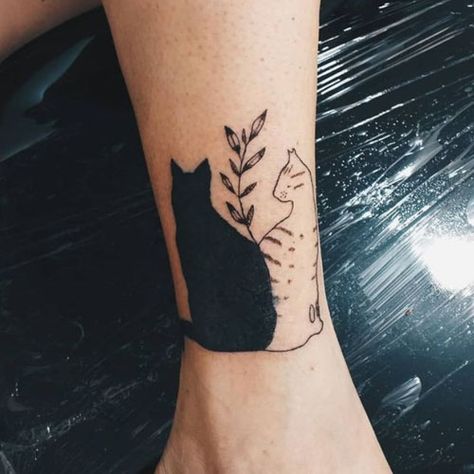 Long Haired Black Cat Tattoo, Plant Cat Tattoo, Cat Marking Tattoo, Cat And Plant Tattoo, Cat In Window Tattoo, Cat Plant Tattoo, Cat Leg Tattoo, Cat And Flower Tattoo, Plants Tattoo Design