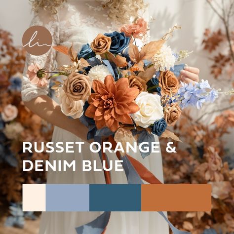 Slate Blue And Burnt Orange Wedding, Russet Orange And Denim Blue, Dusty Blue And Orange Color Palette, Orange And Blue Wedding Colors Colour Palettes, Copper And Dusty Blue Wedding, Blue And Rust Orange Wedding, Dusty Blue And Orange Wedding Theme, Russet Orange And Denim Blue Wedding, Terracotta And Dusty Blue Wedding