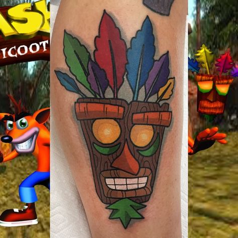 Aku Tattoo, Aku Aku Tattoo, 90s Baby Tattoo, Crash Bandicoot Tattoo, Cowboy Bebop Tattoo, Nintendo Tattoo, Video Game Tattoos, 90s Tattoos, Apple Tattoo