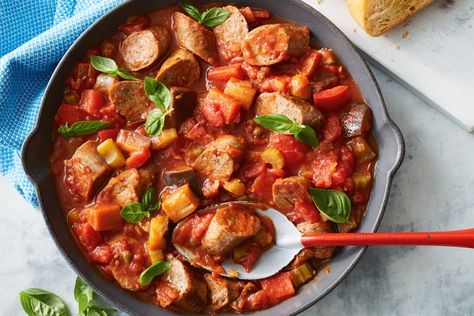 Easy lamb sausage caponata stew Lamb Sausage Recipes, Healthy Food For Heart, Food For Heart Health, Food For Heart, Lamb Sausage, Pumpkin Stew, Lean Cuisine, Sausage Casserole, Lamb Stew