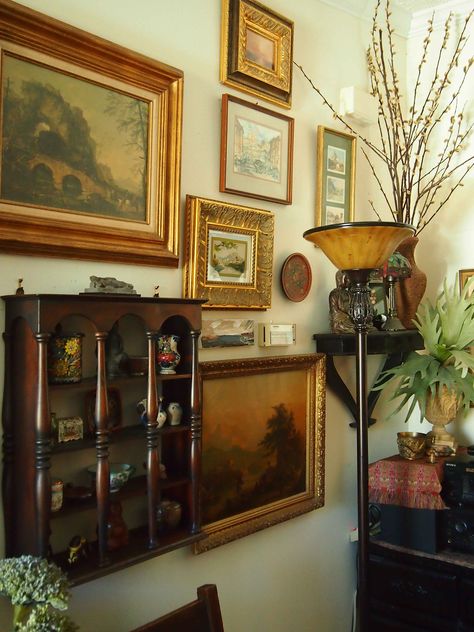 Curio Shelves Wall, Maximalist Cottage Core Decor, Gallery Wall With Shelf, Knick Knack Display Ideas, Wall Shelf Aesthetic, Art Wall Display, Antique Wall Shelf, Grimmauld Place, Art Display Wall