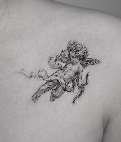 Cherub Tattoos, Cherub Tattoo Designs, Small Angel Tattoo, Cupid Tattoo, Cherub Tattoo, Pola Tato, Greek Mythology Tattoos, Muster Tattoos, Mythology Tattoos