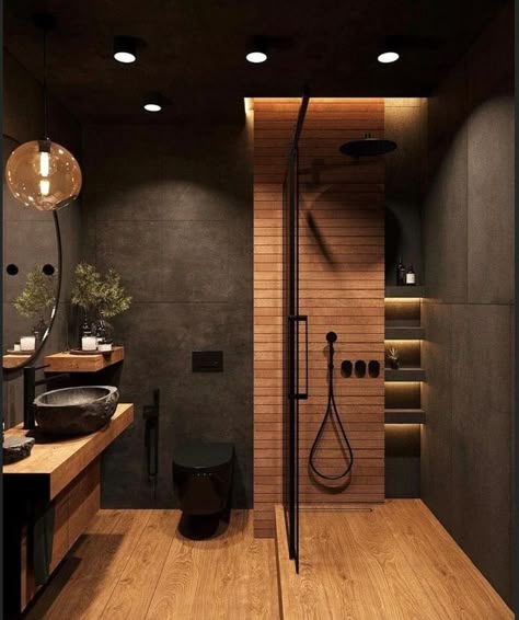 Black Tiles For Bathroom, Dark Flooring Bathroom Ideas, Black Tile Feature Wall Bathroom, Black Shower Wood Floor, Black Rustic Bathroom, Black And White Bathroom Tile Ideas, Black Tiles Bathroom, Dark Tile Shower Ideas, Black Tile Natural Wood Bathroom