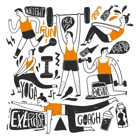 Exercise Drawing, Painting Strokes, Gym Art, Creativity Exercises, Fitness Art, Doodle Style, Drawing Exercises, 흑백 그림, Poster Drawing