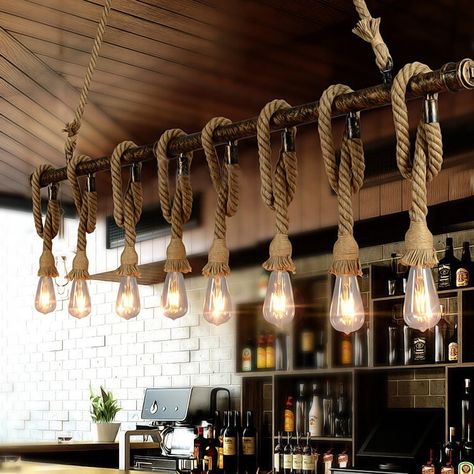 Rope Ceiling Light, Hanging Rope Light, Bar Lights Ideas, Rope Lights Ideas, Hanging Rope Lights, Lights Hanging From Ceiling, Hanging Lights Ideas, Hanging Light Ideas, Burlap Chandelier