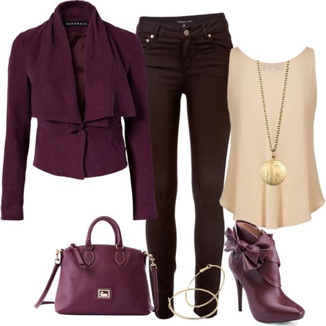 Solids Dark Purple Top Outfit, Outfit Color Combos, Purple Top Outfit, Colored Jeans Outfits, Dark Purple Top, Fashion Templates, Purple Outfits, Purple Jacket, Brown Outfit