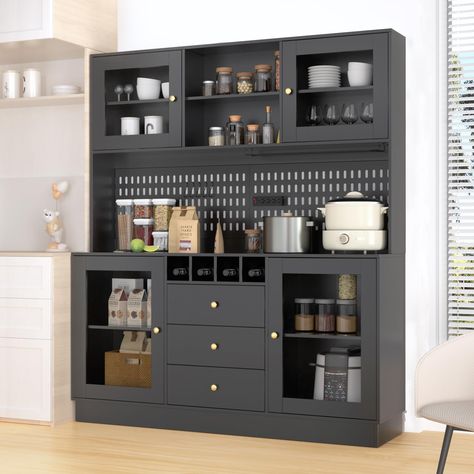 PRICES MAY VARY. 【SPACIOUS STORAGE SPACE】This large kitchen hutch cabinet provides ample storage space for your kitchen essentials, including cup holders, wine racks, power strips and hooks. Built-in pegboard wall organizers for your custom storage needs. Dimensions: 62.99"W x 15.75"D x 74.8"H. 【MODERN DESIGN STYLE】This kitchen storage cabinet features a modern and minimalist design that easily blends into your kitchen, office, lounge, pantry or restaurant décor. 【STURDY AND DURABLE CONSTRUCTION Food Pantry Cabinet, Kitchen Hutch Cabinet, Pantry Redo, Pegboard Wall, Microwave Shelf, Kitchen Storage Cabinet, Hutch Cabinet, Dirty Kitchen, Buffet Hutch