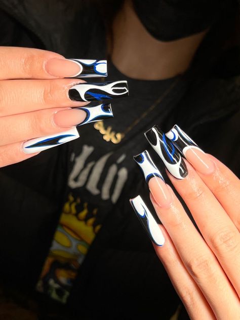 French tip abstract black white dark blue nail designs Edgy White Nails, Blue Black And White Nails Acrylic, Edgy Blue Nails, Black Blue And White Nails, Black White And Blue Nails, Blue White And Black Nails, Blue Black White Nails, White And Dark Blue Nails, Blue Nails Black Women