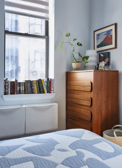 Studio Apartment Dresser, Tall Dresser Next To Bed, Styling Tall Dresser, Small City Apartment Bedroom, Bookcase As Nightstand, Bedrooms With One Nightstand, Eclectic Minimalist Bedroom, Nyc Bedroom Ideas, Apt Bed