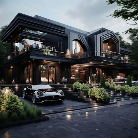 Mansion Black Aesthetic, Black Modern House Exterior Luxury, Fantasy Modern House, Black Modern Mansion Exterior, Black Mansions Luxury, Black Mansion Aesthetic, Black Mansion Exterior, Black Luxury House Exterior, Beautiful Mansions Luxury Dream Houses