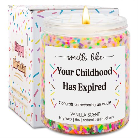 PRICES MAY VARY. 18th birthday gifts for girls & boys; With its humorous message “Smells like your childhood has expired; Congrats on becoming an adult,” our candle is a thoughtful and funny gift choice that expresses your heartfelt wishes and congratulations for anyone turning 18; Perfect for daughters, sons, granddaughters, grandsons, best friends, sisters, nieces, or anyone with a sense of humor, it’s a fun way to celebrate entering adulthood A must-have for 18th birthday celebrations; Bring Niece 18th Birthday Gift, Daughter 18th Birthday Gift Ideas, Unique 18th Birthday Gifts, Birthday Surprises For Mom, 18th Birthday Gifts Girl, Funny 18th Birthday Gifts, 18th Bday Gifts, Birthday Gifts For Best Friend Girl, 18th Birthday Party Ideas For Boys