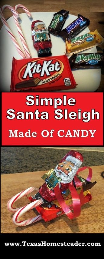 This Simple Christmas Santa sleigh is made of candy - KitKat, candy bars, candy canes and a chocolate Santa. #TexasHomesteader #Christmas #Santa #Sleigh #GiftIdea #MYOGift Candy Christmas Sleighs, Candy Sleigh Craft, Candy Santa Sleigh Diy, Candy Bar Sleigh, Christmas Sleigh Candy, Candy Bar Ideas For Christmas, Chocolate Santa Sleigh, Kit Kat Sleigh, Candy Sleds Diy Christmas