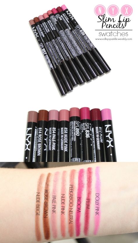 Nyx Slim Lip Pencils - 8 Shades ♥ Swatches & Comparison Nyx Slim Lip Pencil Swatches, Nyx Lip Pencil Swatches, Nyx Lip Liner Swatches, Nyx Lip Pencil, Nyx Slim Lip Pencil, Nyx Lip Liner, Lipgloss Swatches, Makeup Shopping, Lipstick Pencil