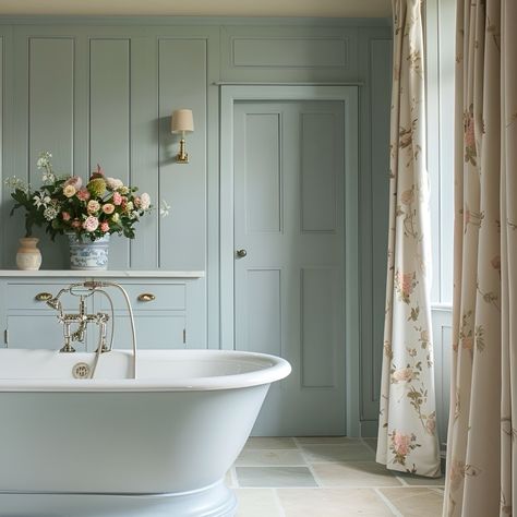 Woodmancote Family Home, The Cotswolds  Duck egg blue and peach tones with floral drapery and bed throw “Olivia - red/green” from @colefaxandfowler create a comfortable layered experience in the Master Bedroom and “Rose Briar in Pale Pink” from @chelseatextiles in the En-suite.  Panelling was introduced in each room, enhancing the cornicing and other existing architectural features of the property.    #timelessdesign #freshinteriors #sustainableinteriordesign #cotswoldhomes #ensuitedesign Pale Green Bathroom, Duck Egg Blue Interiors, Duck Egg Blue Bedroom, Blue Interior Doors, Peach Bedroom, Ensuite Design, Floral Drapery, Sustainable Interior Design, Peach Tones