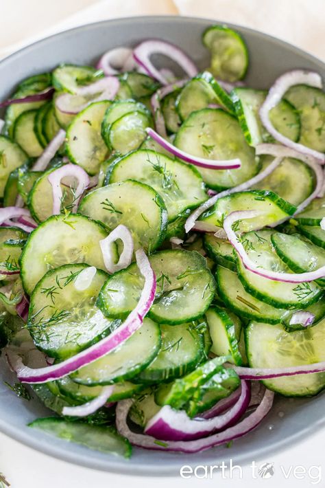 Gurkensalat (German Cucumber Salad with Vinegar) - Earth to Veg Cucumber Salad Dressing, Cucumber Onion Salad, German Cucumber Salad, Easy Cucumber Salad, Salad Appetizer Cups, Spicy Cucumber Salad, Salty Recipes, Vinegar Cucumbers, Delicious Sides