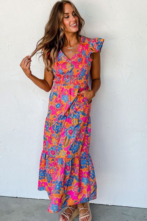 $13.4 Rose Red Boho Floral V Neck Ruffle Tiered Long Dress Wholesale Boho Chique, Fun Dress, Red Boho, Floral Print Maxi Dress, Floral Print Maxi, Tiered Maxi Dress, Floral Print Blouses, Ruffled Sleeves, Neck Ruffle