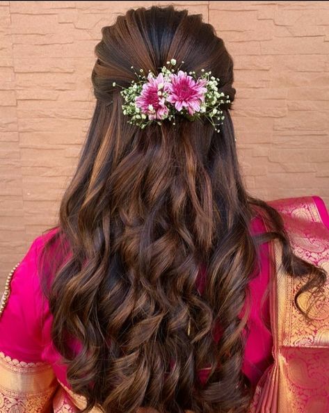 Curly Hairstyles For Reception, Free Hair Hairstyles For Engagement, Grahshanti Hairstyles, Half Pinup Hairstyle Indian, Hairstyle For Leganha, Hairstyle With Orchid Flower, Hair Styles For Medium Length Indian, Indian Hairstyles For Traditional Saree, Reception Look Hairstyle