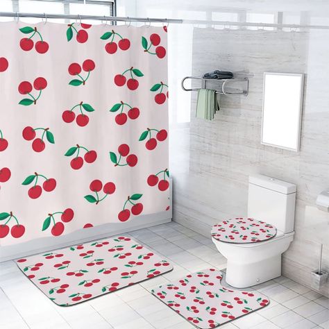 PRICES MAY VARY. 【Premium Quality Material】Our shower curtain is made of polyester fiber and has good waterproof effect. The non-slip bath mat/U type rug are made of high-quality sponge, flannel and non-slip bottom, with super absorption and quick drying. 【Dimensions】Waterproof Shower Curtain 70.8"W x 70.8"L, thickened bathroom mat 29.5"W x 17.7" L, O-toilet cover: 14.7"W x 17.7"L, U-shaped carpet: 17.7"W x 13.7"L, suitable for most standard bathrooms. 【Easy Install】12 reinforced grommets for ha Red Theme Bathroom, Cherry Bathroom Decor, Cherry Bathroom, Bathroom Sets Shower Curtains, Cherry Decor, Dorm Bathroom, Modern Style Bathroom, Restroom Decor, Toilet Lid Cover