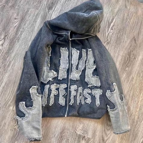 Distressed Embroidery Hoodie, Custom Hoodies Ideas Design, Hoodie Design Ideas Inspiration, Distressed Embroidery, Embroidery Streetwear, Rework Clothes, Reworked Hoodie, Fashion Sketches Men, Custom Streetwear