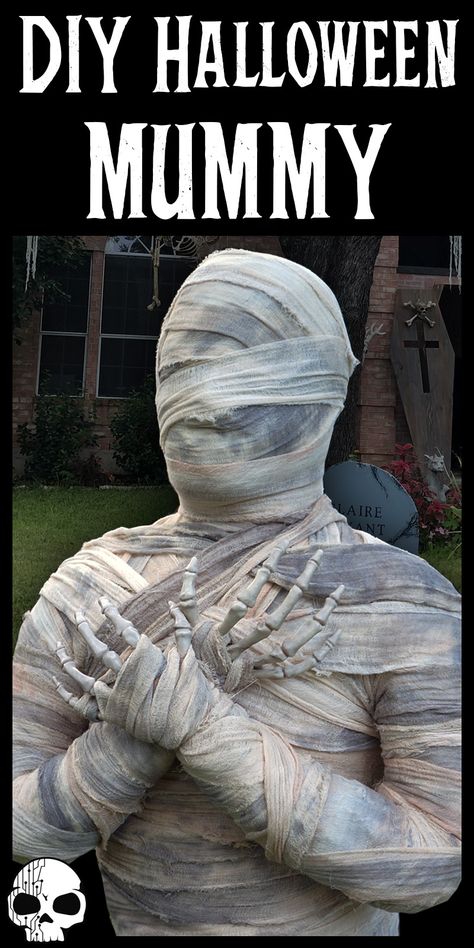 Learn how to make a DIY Halloween Mummy using simple materials like duct tape and cheesecloth! Super simple, cheap, and WICKED FUN. Mummy Outdoor Decorations, Diy Mummy Prop, Mummy Decorations Halloween, How To Make A Mummy Decoration, Homemade Halloween Decorations For Outside, Creepy Halloween Props Diy, Diy Halloween Mannequin, Halloween Decorations Out Of Cardboard, Halloween Dummy Ideas