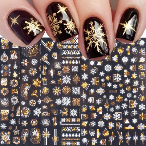 PRICES MAY VARY. 🔔Christmas Nail Stickers:8 sheets Metallic gold snowflake nail decals, a variety of Christmas elements for you to choose from, the stickers include Santa Claus, Christmas elk, snowflakes, Snowman, Christmas canes, Christmas trees and other Christmas elements. 🔔DIY Nail Art: Metallic gold brings you a premium texture. You can design different styles of Christmas-like nail art with your family, friends, and sisters, satisfy your rich imagination of nail DIY and create your own C Christmas Snowflakes Nails, Snowflake Nail, Nail Foils, Christmas Nail Stickers, Snowflake Nail Art, Nail Art Glitter, Nail Art Stickers Decals, Nail Art Designs Diy, Colorful Glitter