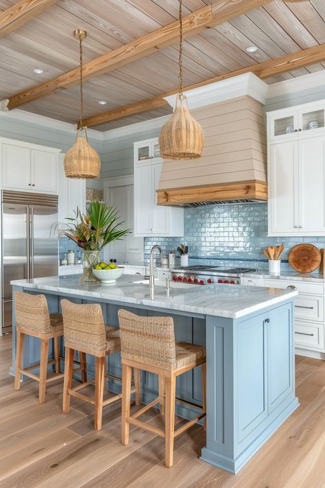 50+ Coastal Kitchen Decor Ideas Ocean Inspired Kitchen, Coastal Home Kitchen Ideas, Beach Houses Kitchen, Coastal Cozy Kitchen, Rustic Beach Kitchen Ideas, Beach Home Kitchen Ideas, Coastal Living Kitchen Ideas, Coastal Houses Interior, Coastal Beach Home Exterior