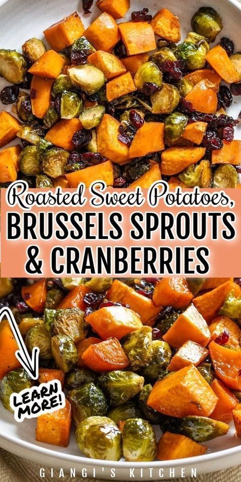 Celebrate the flavors of fall and winter with this easy roasted sweet potatoes, Brussel sprouts, and cranberries side dish. This vibrant recipe is a perfect addition to your Thanksgiving spread, offering a harmonious blend of sweet and savory, with a pop of tartness from the cranberries. Elevate your seasonal table with this delicious creation that's both simple to make and incredibly flavorful. Try this recipe today! Sweet Potatoes Brussel Sprouts, Brussel Sprouts Cranberries, Potatoes Brussel Sprouts, Most Nutritious Vegetables, Sprouting Sweet Potatoes, Thanksgiving Spread, French Soup, The Cranberries, Holiday Side